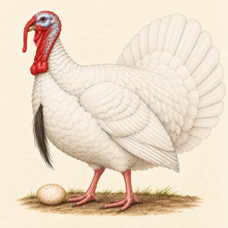 Illustration of a pure white British White turkey stag with pink legs, and a speckled egg