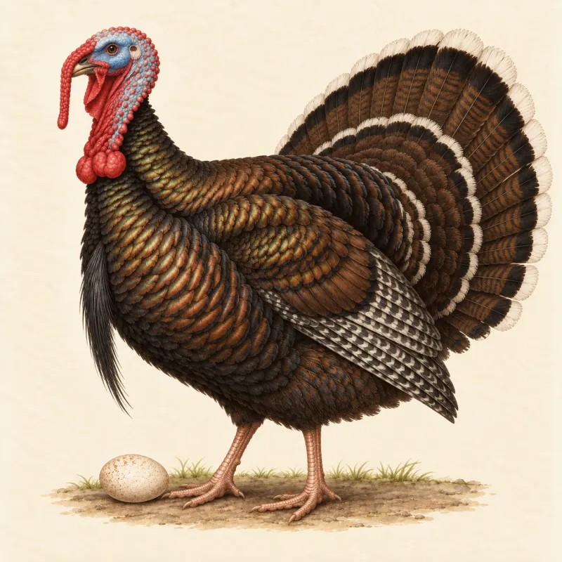 Illustration of a Bronze turkey stag with copper-bronze feathers and a white-edged tail, and a speckled egg