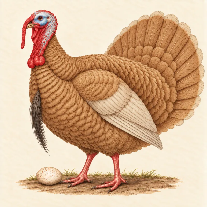 Illustration of a cinnamon-buff Buff turkey stag with a speckled egg