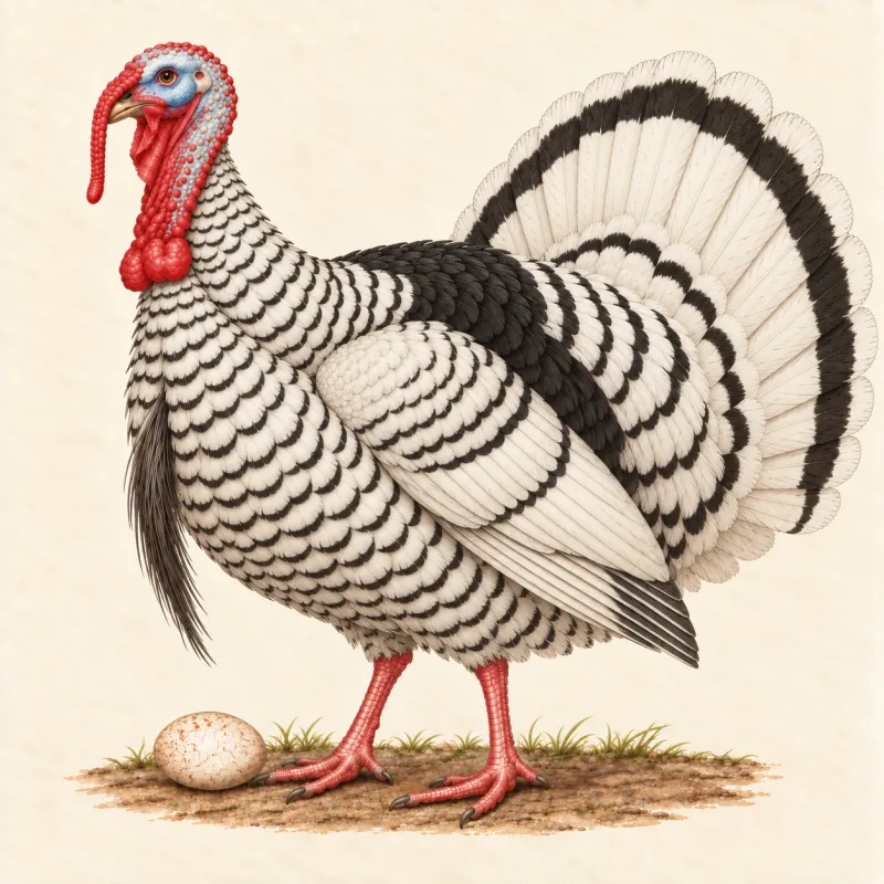 Illustration of a white Crollwitzer turkey stag with black-edged feathers and a black-banded tail, and a speckled egg