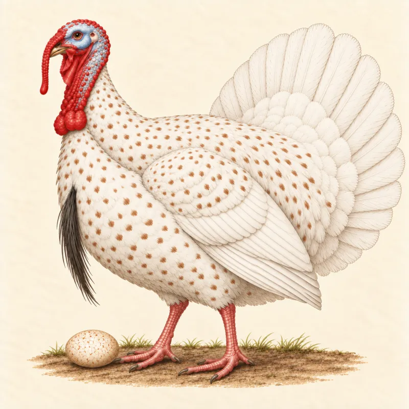 Illustration of a creamy white Harvey Speckled turkey stag with cinnamon speckles, and a speckled egg