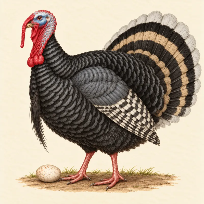 Illustration of a steel-grey, black and white Narragansett turkey stag with a speckled egg