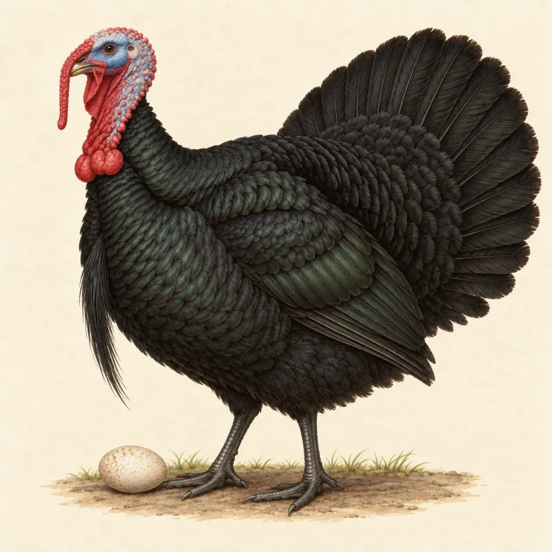Illustration of a black Norfolk Black turkey stag with a speckled cream egg