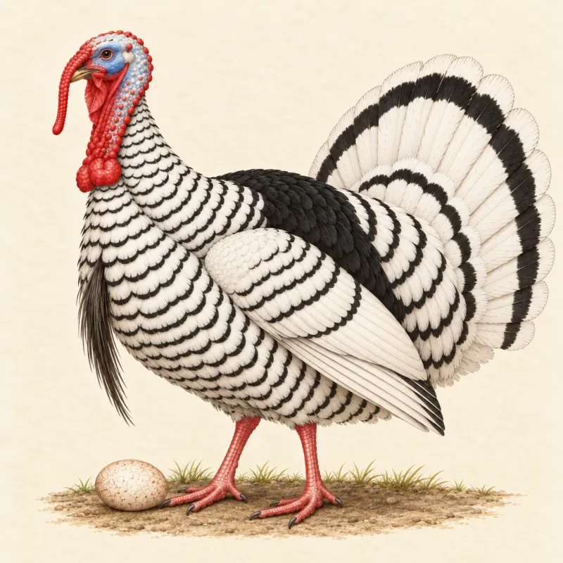 Illustration of a white Royal Palm turkey stag with metallic black edging, and a speckled egg