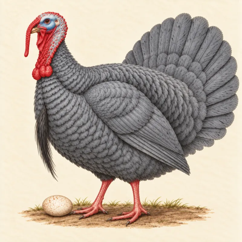Illustration of a slate-blue Slate turkey stag flecked with black, and a speckled egg